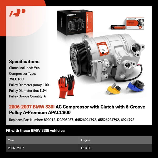 2006-2007 BMW 330i AC Compressor with Clutch with 6-Groove Pulley A-Premium APACC800