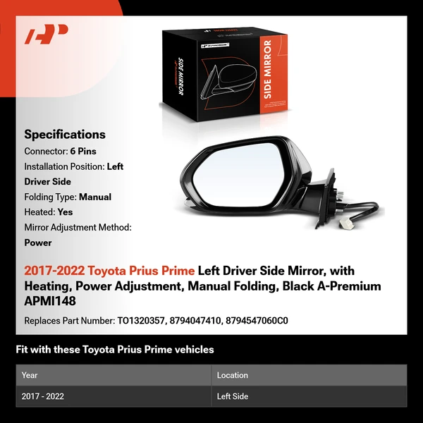 2017-2022 Toyota Prius Prime Left Driver Side Mirror, with Heating, Power Adjustment, Manual Folding, Black A-Premium APMI148