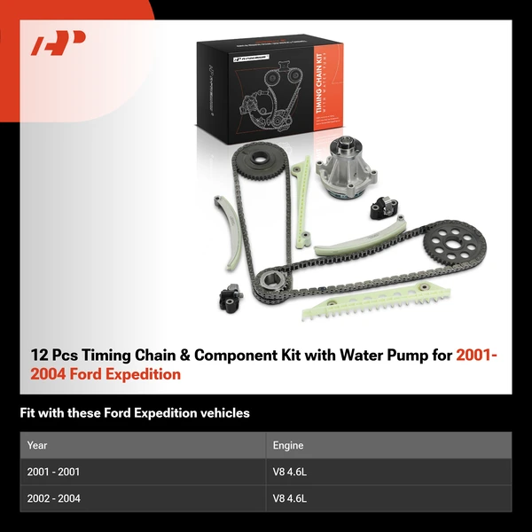 12 Pcs Timing Chain & Component Kit with Water Pump for 2001-2004 Ford Expedition