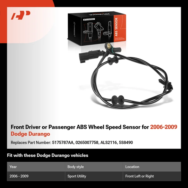 Front Driver or Passenger ABS Wheel Speed Sensor for 2006-2009 Dodge Durango
