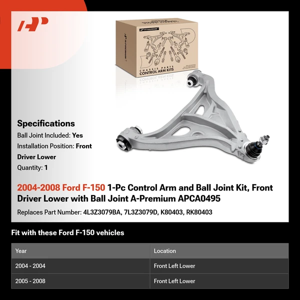 2004-2008 Ford F-150 1-Pc Control Arm and Ball Joint Kit, Front Driver Lower with Ball Joint A-Premium APCA0495