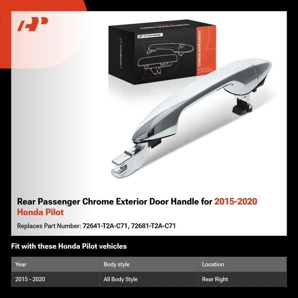 Rear Passenger Chrome Exterior Door Handle for 2015-2020 Honda Pilot