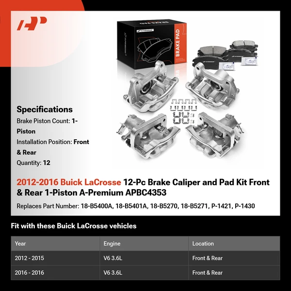 2012-2016 Buick LaCrosse 12-Pc Brake Caliper and Pad Kit Front & Rear 1-Piston A-Premium APBC4353