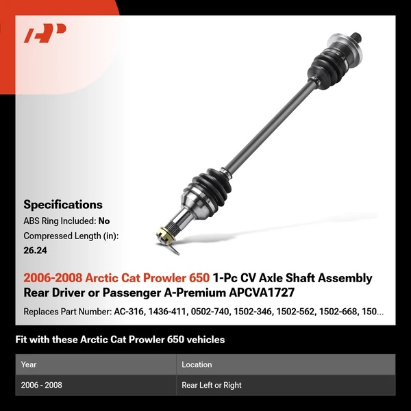2006-2008 Arctic Cat Prowler 650 1-Pc CV Axle Shaft Assembly Rear Driver or Passenger A-Premium APCVA1727