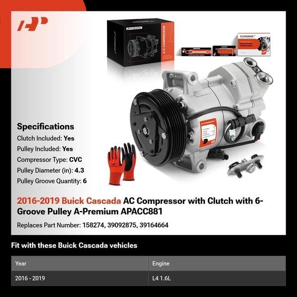 2016-2019 Buick Cascada AC Compressor with Clutch with 6-Groove Pulley A-Premium APACC881