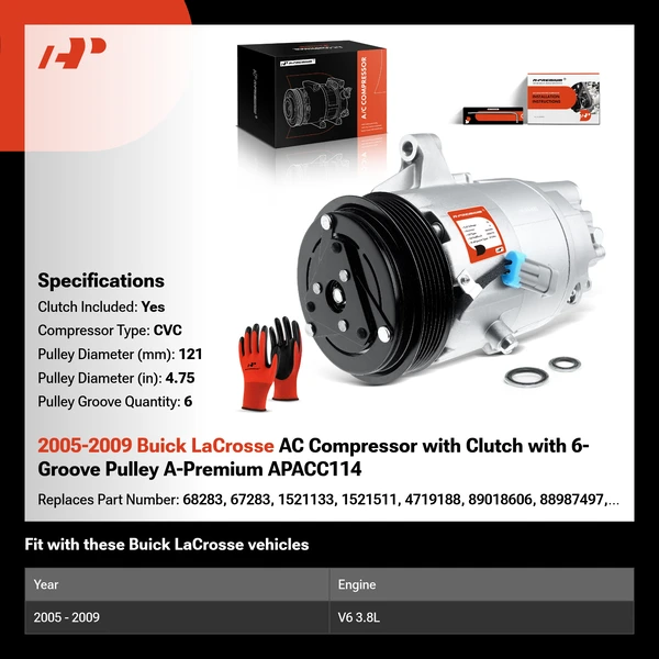 2005-2009 Buick LaCrosse AC Compressor with Clutch with 6-Groove Pulley A-Premium APACC114