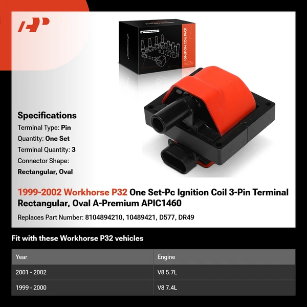1999-2002 Workhorse P32 One Set-Pc Ignition Coil 3-Pin Terminal Rectangular, Oval A-Premium APIC1460