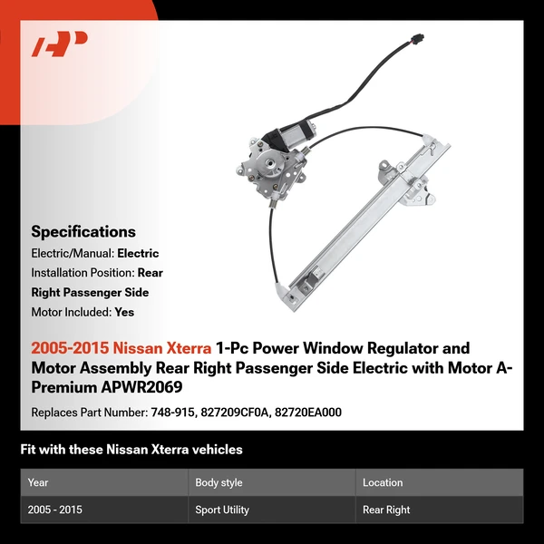 2005-2015 Nissan Xterra 1-Pc Power Window Regulator and Motor Assembly Rear Right Passenger Side Electric with Motor A-Premium APWR2069