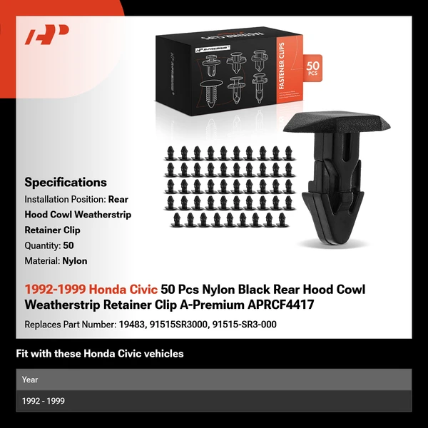 1992-1999 Honda Civic 50 Pcs Nylon Black Rear Hood Cowl Weatherstrip Retainer Clip A-Premium APRCF4417