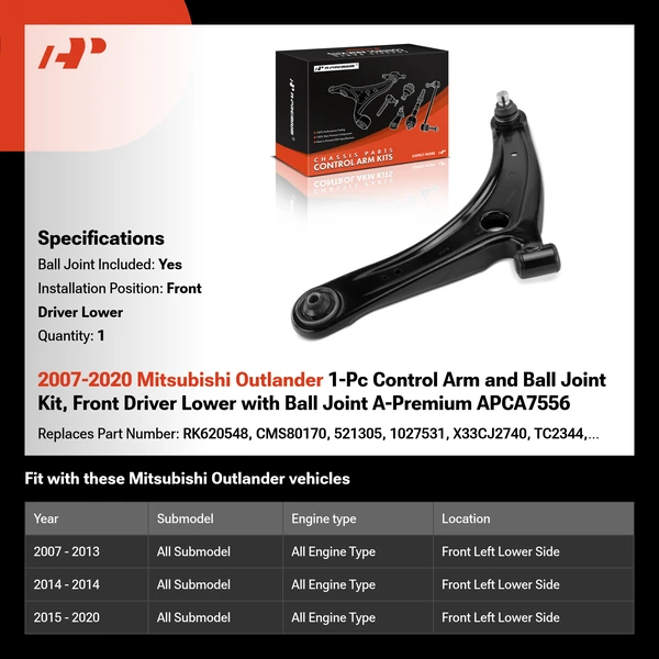2007-2020 Mitsubishi Outlander 1-Pc Control Arm and Ball Joint Kit, Front Driver Lower with Ball Joint A-Premium APCA7556