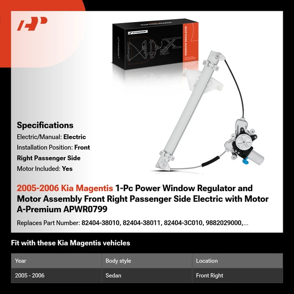2005-2006 Kia Magentis 1-Pc Power Window Regulator and Motor Assembly Front Right Passenger Side Electric with Motor A-Premium APWR0799
