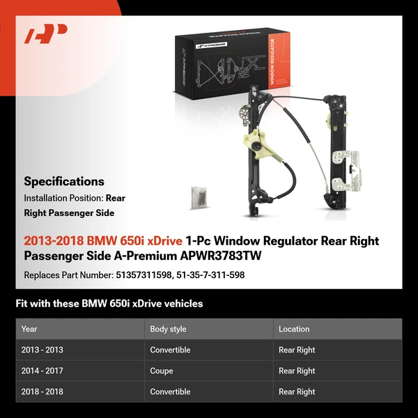 2013-2018 BMW 650i xDrive 1-Pc Window Regulator Rear Right Passenger Side A-Premium APWR3783TW