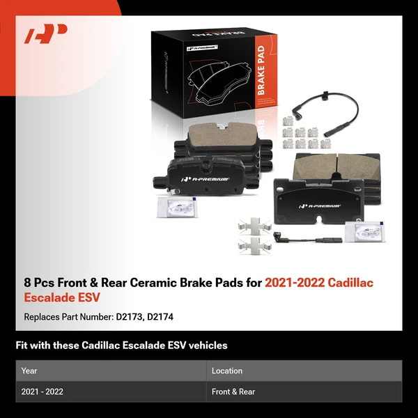 8 Pcs Front & Rear Ceramic Brake Pads for 2021-2022 Cadillac Escalade ESV