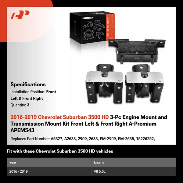 2016-2019 Chevrolet Suburban 3500 HD 3-Pc Engine Mount and Transmission Mount Kit Front Left & Front Right A-Premium APEM543