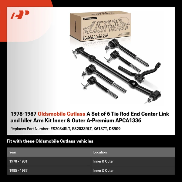 1978-1987 Oldsmobile Cutlass A Set of 6 Tie Rod End Center Link and Idler Arm Kit Inner & Outer A-Premium APCA1336