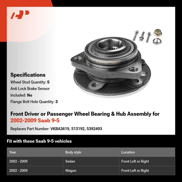 Front Driver or Passenger Wheel Bearing & Hub Assembly for 2002-2009 Saab 9-5