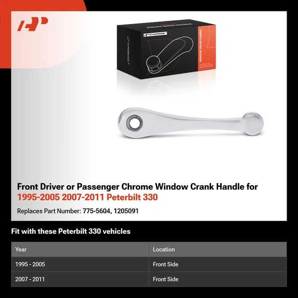 Front Driver or Passenger Chrome Window Crank Handle for 1995-2005 2007-2011 Peterbilt 330