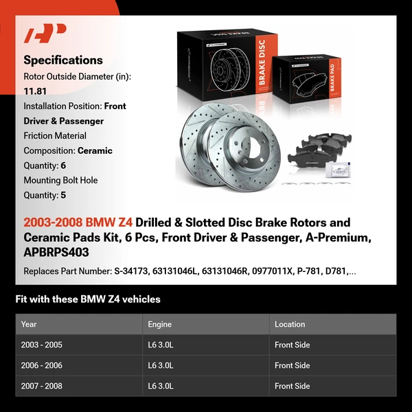 2003-2008 BMW Z4 Drilled & Slotted Disc Brake Rotors and Ceramic Pads Kit, 6 Pcs, Front Driver & Passenger, A-Premium, APBRPS403