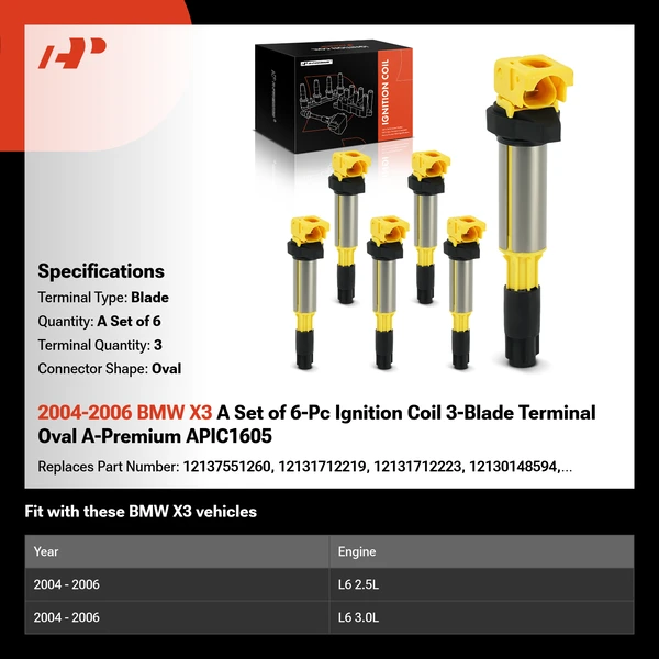 2004-2006 BMW X3 A Set of 6-Pc Ignition Coil 3-Blade Terminal Oval A-Premium APIC1605