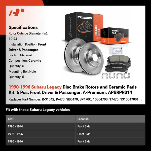 1990-1996 Subaru Legacy Disc Brake Rotors and Ceramic Pads Kit, 6 Pcs, Front Driver & Passenger, A-Premium, APBRPR014