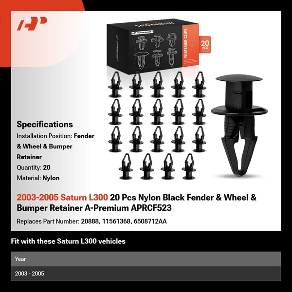 2003-2005 Saturn L300 20 Pcs Nylon Black Fender & Wheel & Bumper Retainer A-Premium APRCF523