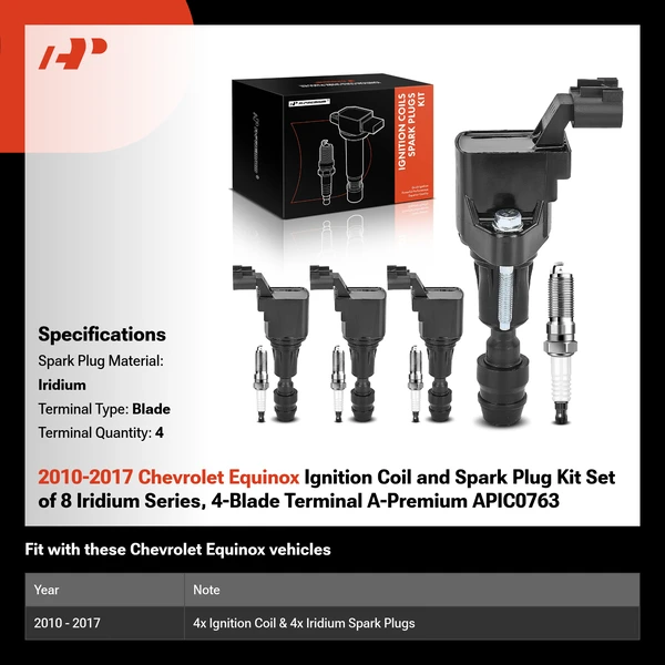 2010-2017 Chevrolet Equinox Ignition Coil and Spark Plug Kit Set of 8 Iridium Series, 4-Blade Terminal A-Premium APIC0763