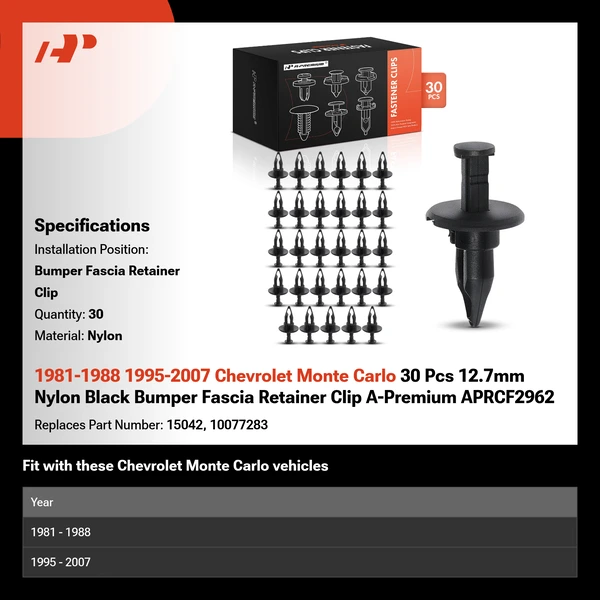 1981-1988 1995-2007 Chevrolet Monte Carlo 30 Pcs 12.7mm Nylon Black Bumper Fascia Retainer Clip A-Premium APRCF2962