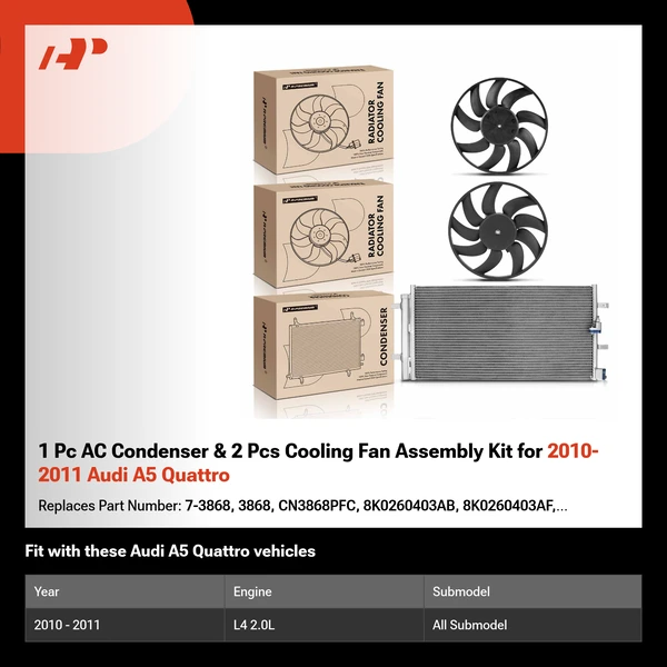 1 Pc AC Condenser & 2 Pcs Cooling Fan Assembly Kit for 2010-2011 Audi A5 Quattro
