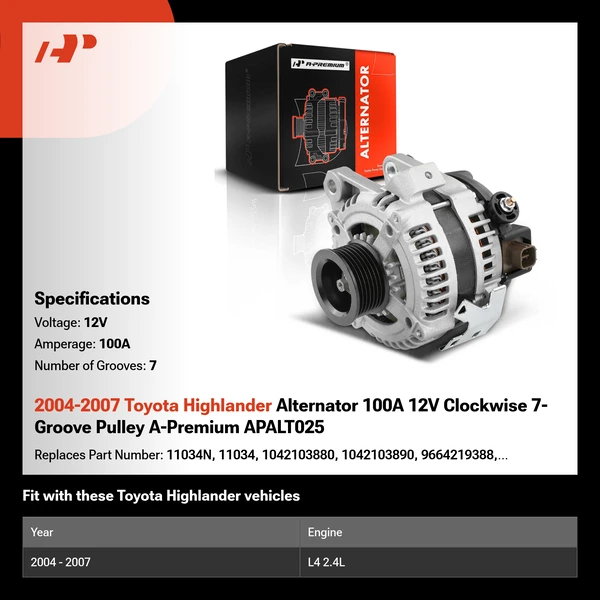 2004-2007 Toyota Highlander Alternator 100A 12V Clockwise 7-Groove Pulley A-Premium APALT025