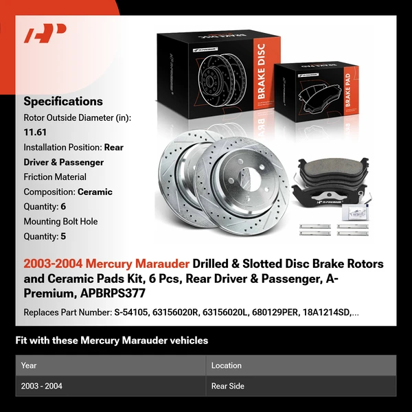 2003-2004 Mercury Marauder Drilled & Slotted Disc Brake Rotors and Ceramic Pads Kit, 6 Pcs, Rear Driver & Passenger, A-Premium, APBRPS377
