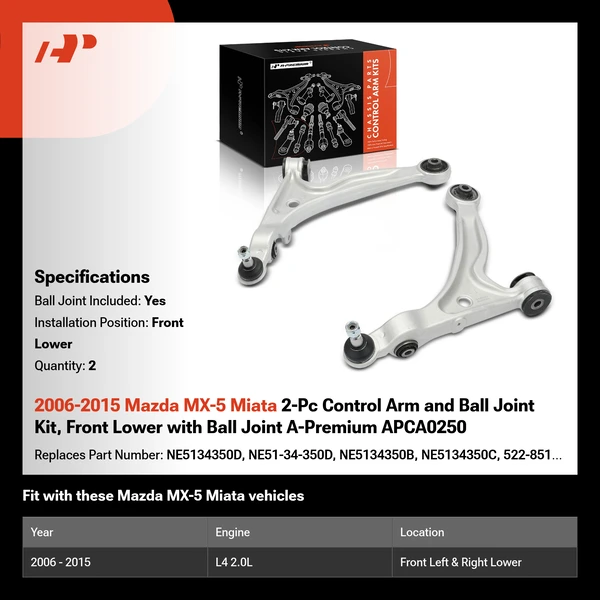 2006-2015 Mazda MX-5 Miata 2-Pc Control Arm and Ball Joint Kit, Front Lower with Ball Joint A-Premium APCA0250