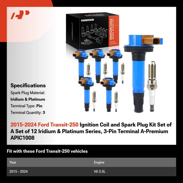2015-2024 Ford Transit-250 Ignition Coil and Spark Plug Kit Set of A Set of 12 Iridium & Platinum Series, 3-Pin Terminal A-Premium APIC1008