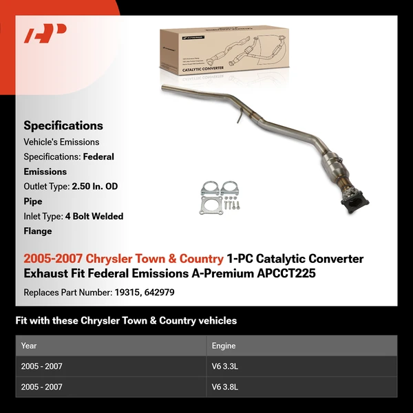 2005-2007 Chrysler Town & Country 1-PC Catalytic Converter Exhaust Fit Federal Emissions A-Premium APCCT225