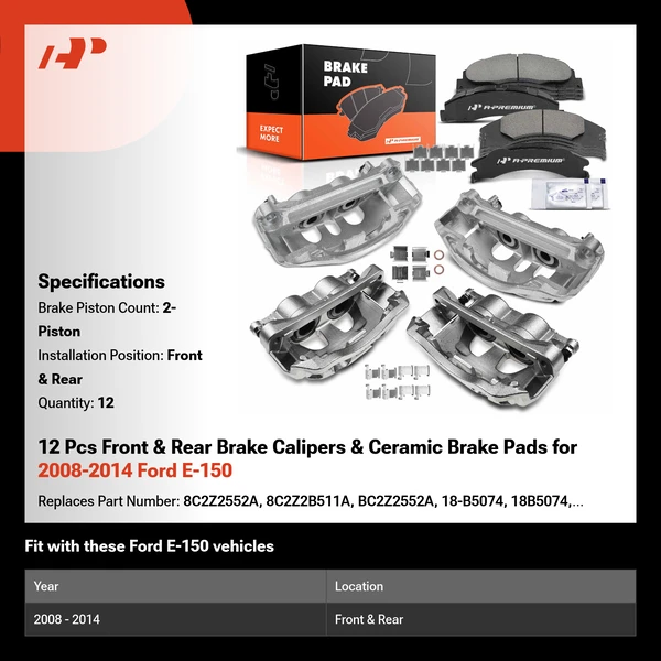 12 Pcs Front & Rear Brake Calipers & Ceramic Brake Pads for 2008-2014 Ford E-150