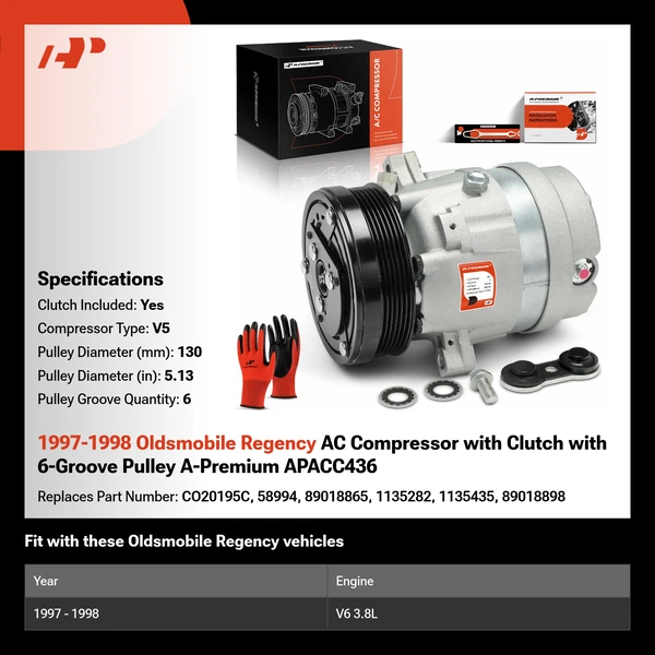 1997-1998 Oldsmobile Regency AC Compressor with Clutch with 6-Groove Pulley A-Premium APACC436