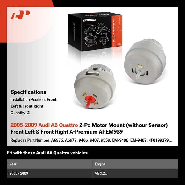 2005-2009 Audi A6 Quattro 2-Pc Motor Mount (withour Sensor) Front Left & Front Right A-Premium APEM939