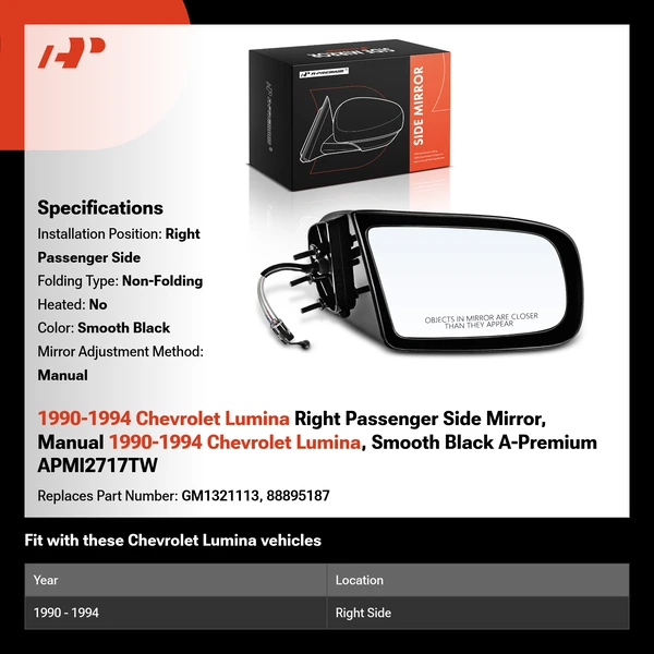 1990-1994 Chevrolet Lumina Right Passenger Side Mirror, Manual 1990-1994 Chevrolet Lumina, Smooth Black A-Premium APMI2717TW