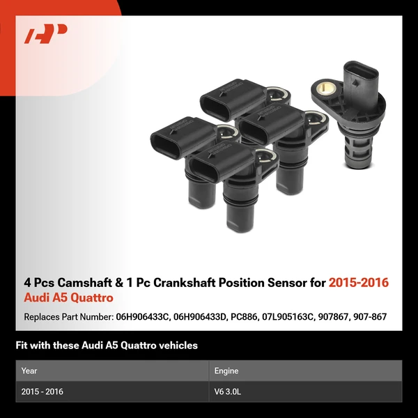 4 Pcs Camshaft & 1 Pc Crankshaft Position Sensor for 2015-2016 Audi A5 Quattro