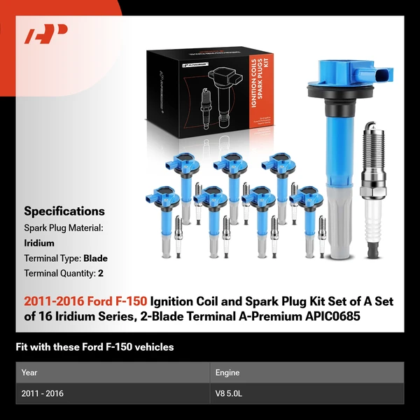 2011-2016 Ford F-150 Ignition Coil and Spark Plug Kit Set of A Set of 16 Iridium Series, 2-Blade Terminal A-Premium APIC0685