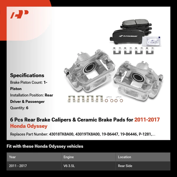 6 Pcs Rear Brake Calipers & Ceramic Brake Pads for 2011-2017 Honda Odyssey