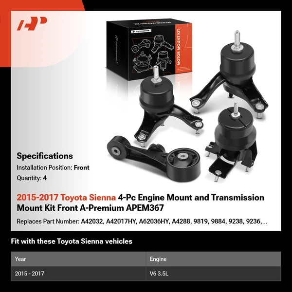 2015-2017 Toyota Sienna 4-Pc Engine Mount and Transmission Mount Kit Front A-Premium APEM367