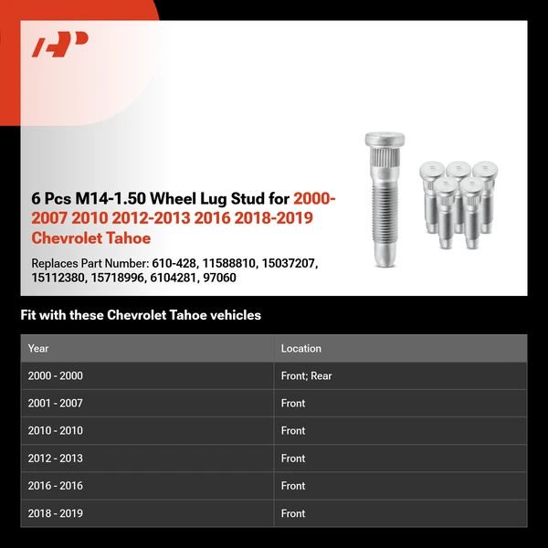 6 Pcs M14-1.50 Wheel Lug Stud for 2000-2007 2010 2012-2013 2016 2018-2019 Chevrolet Tahoe