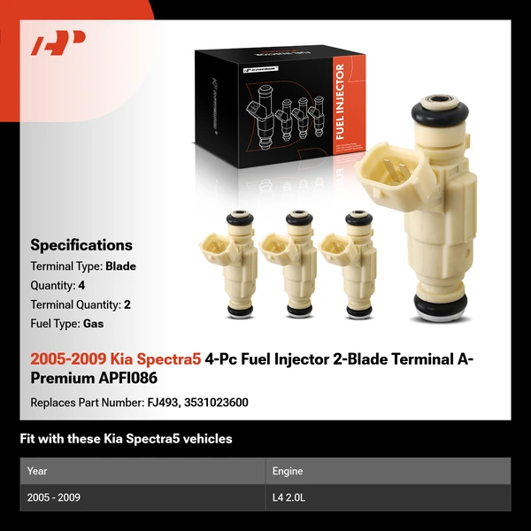 2005-2009 Kia Spectra5 4-Pc Fuel Injector 2-Blade Terminal A-Premium APFI086