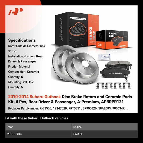 2010-2014 Subaru Outback Disc Brake Rotors and Ceramic Pads Kit, 6 Pcs, Rear Driver & Passenger, A-Premium, APBRPR121