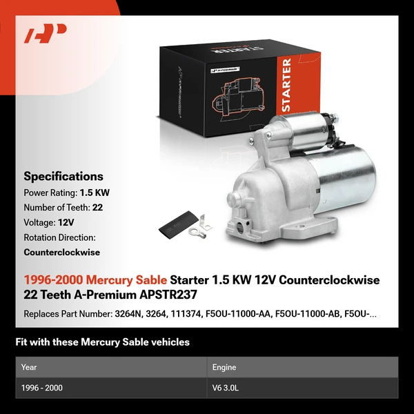 1996-2000 Mercury Sable Starter 1.5 KW 12V Counterclockwise 22 Teeth A-Premium APSTR237