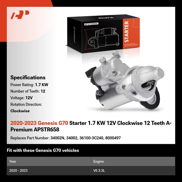 2020-2023 Genesis G70 Starter 1.7 KW 12V Clockwise 12 Teeth A-Premium APSTR658