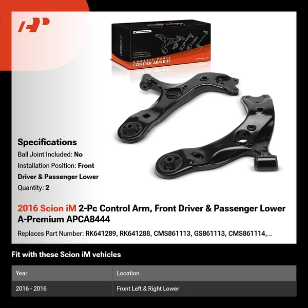 2016 Scion iM 2-Pc Control Arm, Front Driver & Passenger Lower A-Premium APCA8444