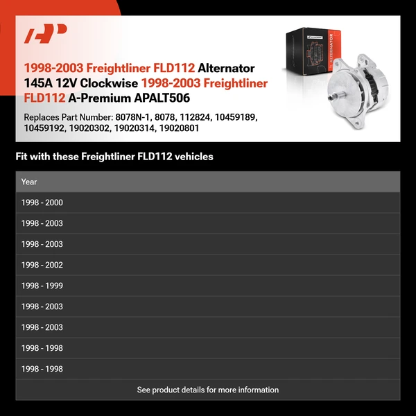 1998-2003 Freightliner FLD112 Alternator 145A 12V Clockwise 1998-2003 Freightliner FLD112 A-Premium APALT506