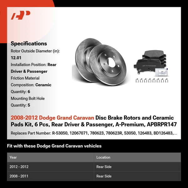 2008-2012 Dodge Grand Caravan Disc Brake Rotors and Ceramic Pads Kit, 6 Pcs, Rear Driver & Passenger, A-Premium, APBRPR147