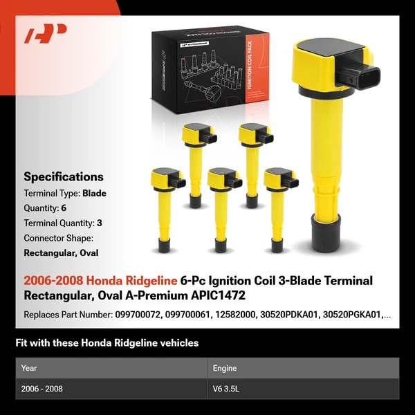 2006-2008 Honda Ridgeline 6-Pc Ignition Coil 3-Blade Terminal Rectangular, Oval A-Premium APIC1472